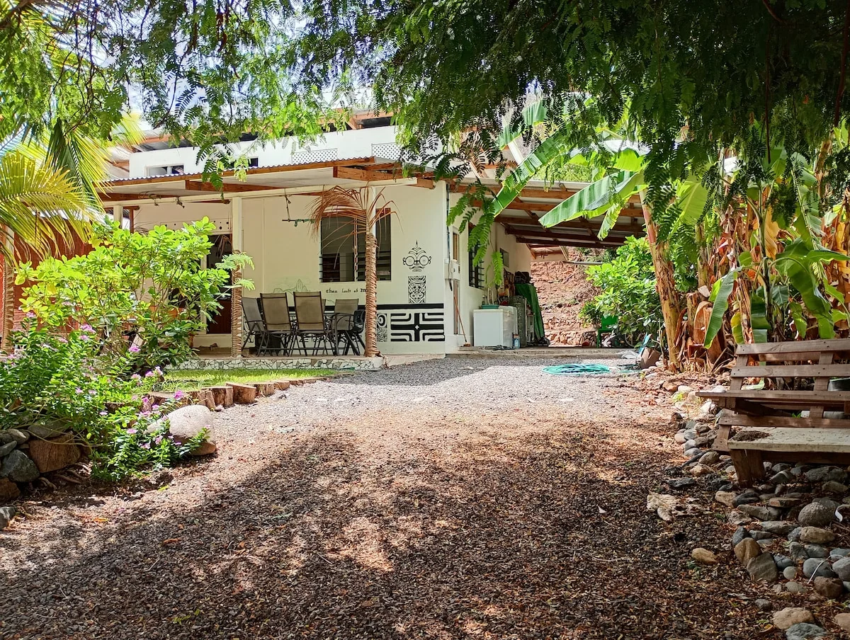 The house seen from the garden, with its terrace and tropical plants