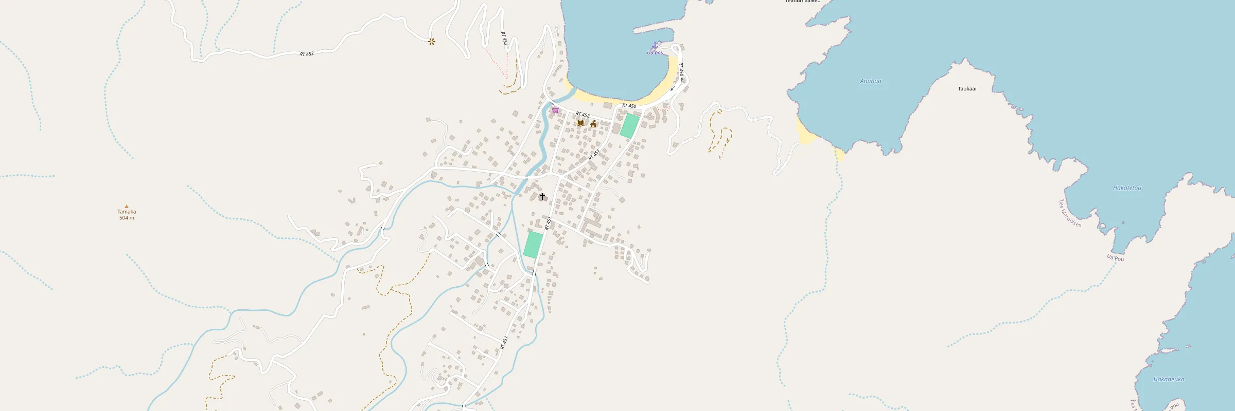 Map of Hakahau village and bay showing where the house is - open in Google Maps